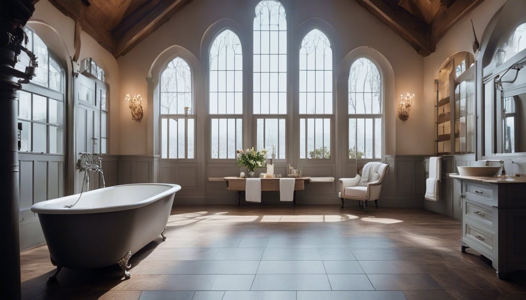 A cathedral ceiling bathroom with a clawfoot tub and a walk in shower