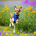 Playful Chihuahua running through a sun drenched field of wildflowers