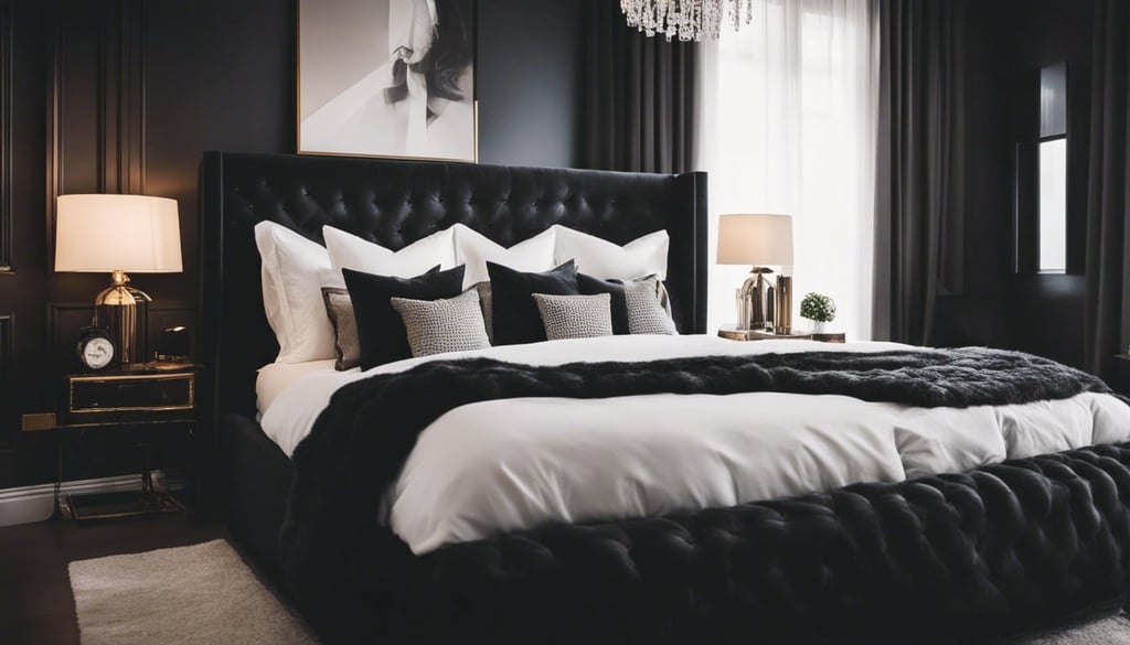 A black bedroom with a large plush bed a statement headboard and plenty of pillows