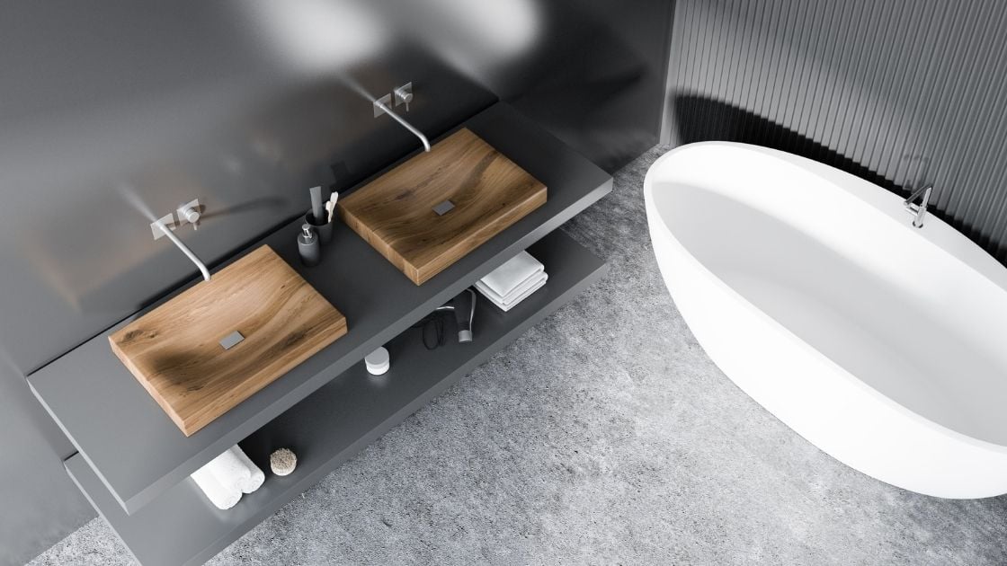 Corrugated gray bathroom wall.