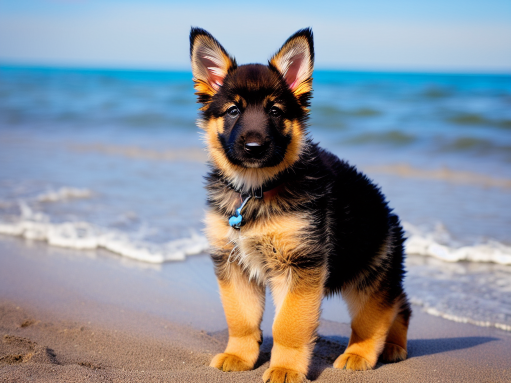 long hair german shepherd puppies at the beach