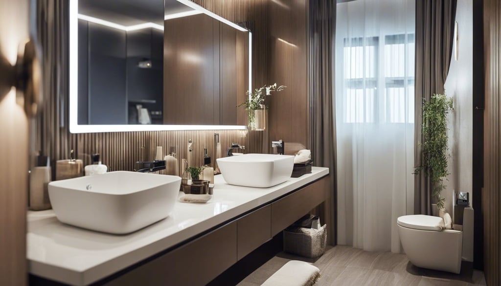 Small bathroom with storage behind the mirror