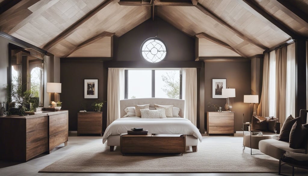 A cathedral ceiling bedroom with a canopy bed and a sitting area