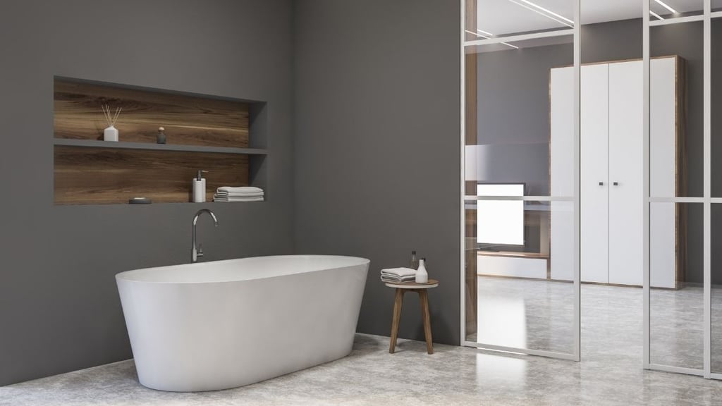 Grey wall with inbuilt shelves