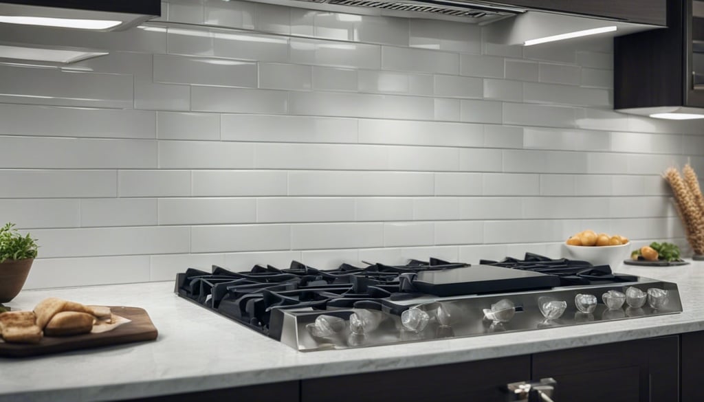A Granite countertop with a subway tile backsplash