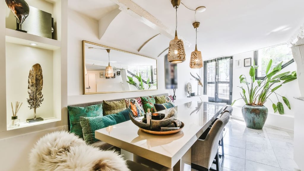 Shelves and mirrors in dining room accent wall