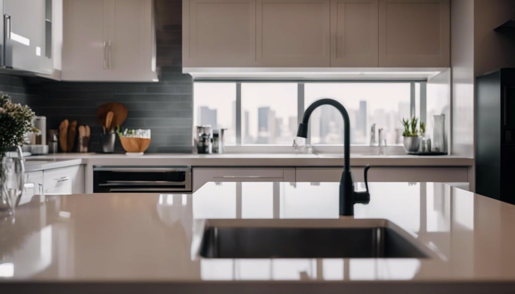 A well lit kitchen with a white countertop stainless steel appliances and a glass backsplash