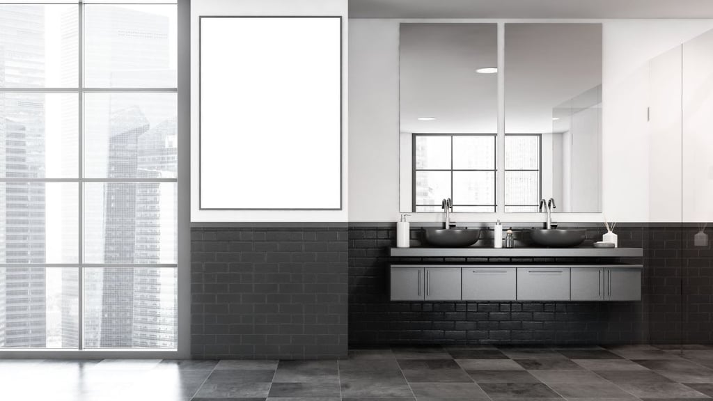 Gray bathroom looking over city skyline