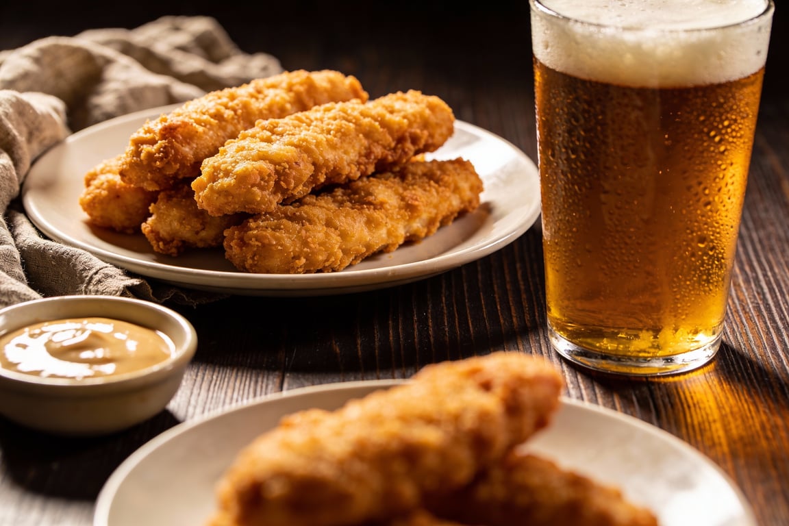 Platter of gastropub chicken tenders recipe served with a cold amber ale
