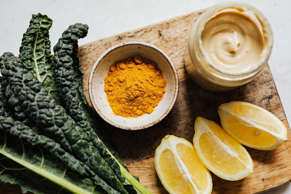 Massaged kale salad with tahini preparation step