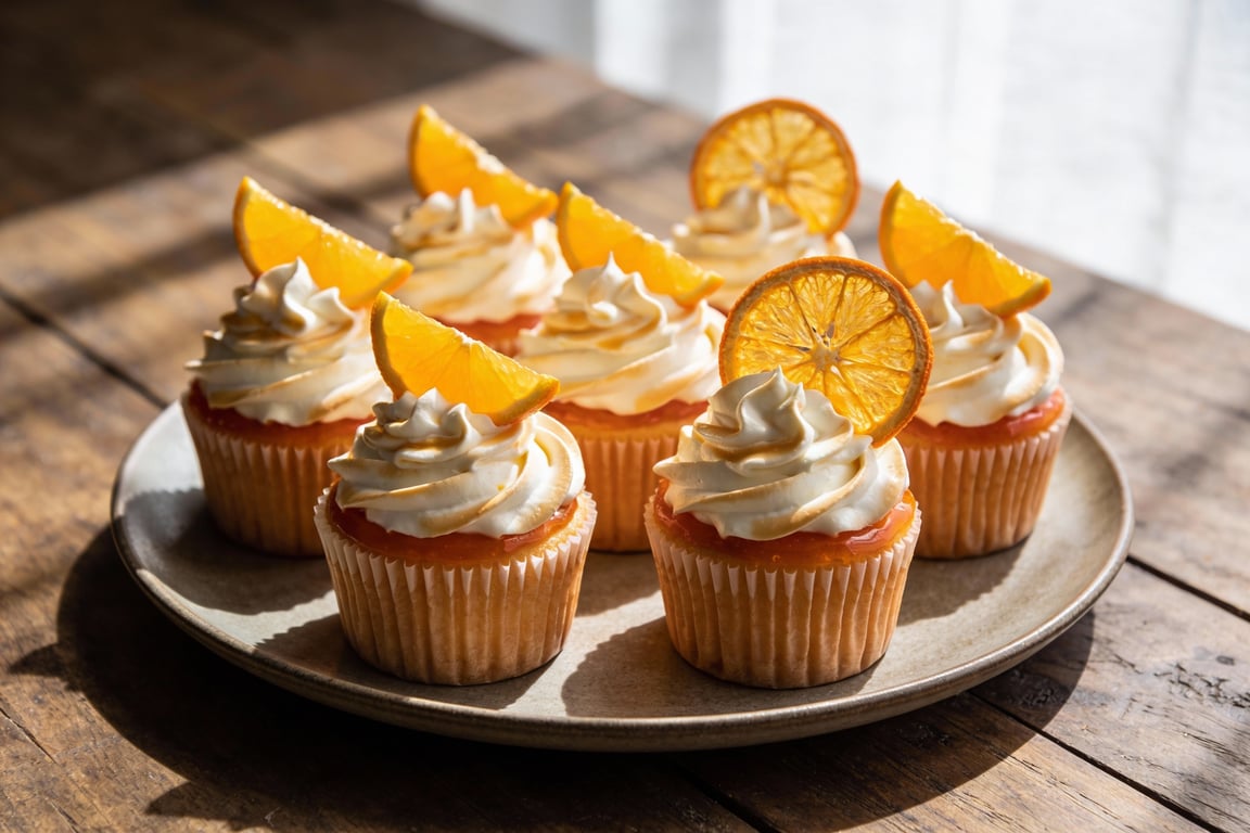 Aperol Spritz Cupcakes with Prosecco-Reduced Swiss Meringue Buttercream