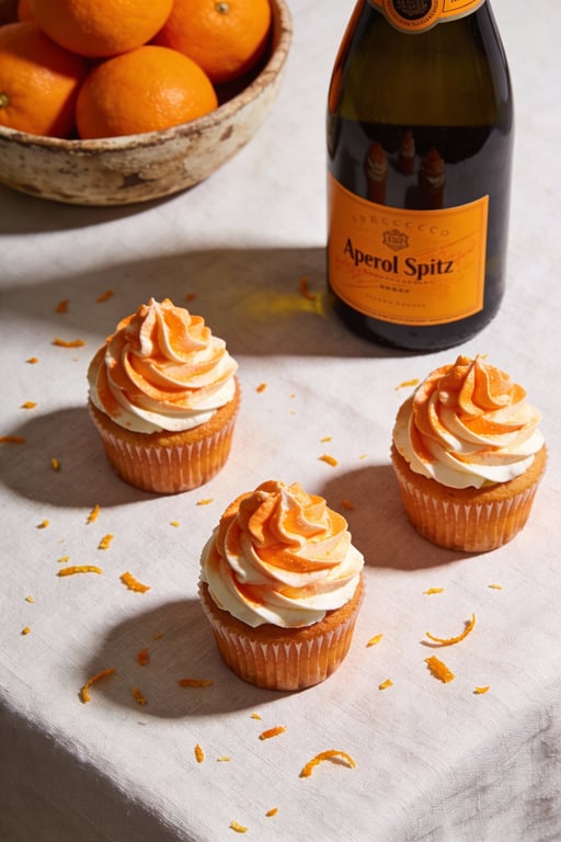 Aperol Spritz Cupcakes with Prosecco-Reduced Swiss Meringue Buttercream