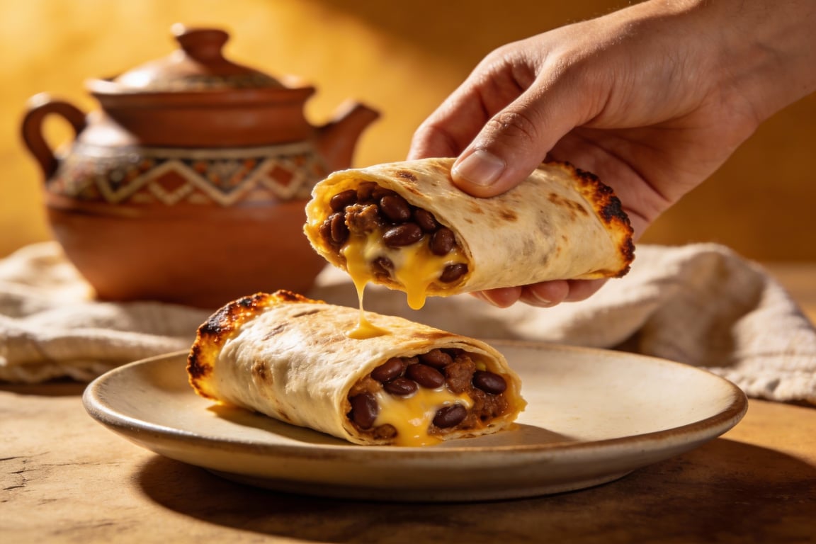 Finished authentic bean and cheese burritos with salsa