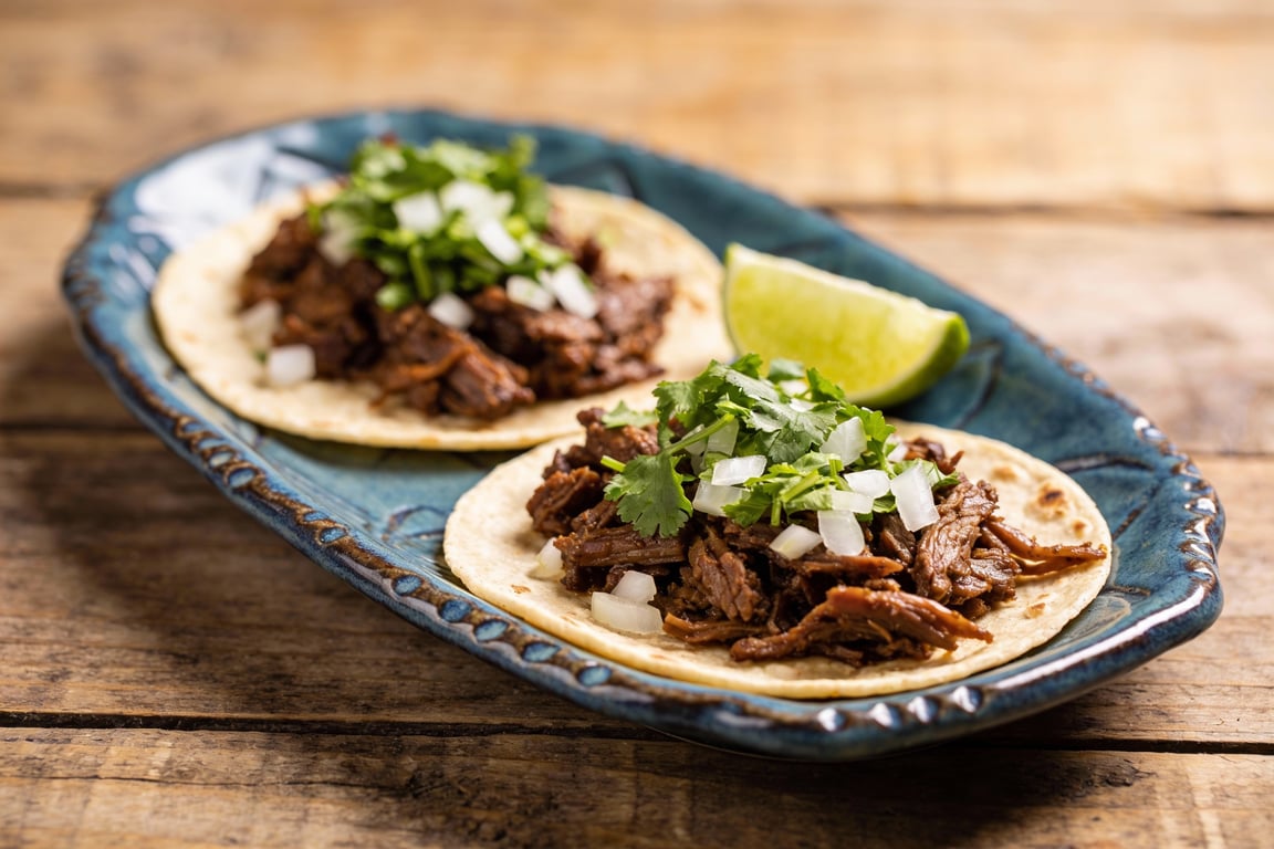 Serving traditional Mexican barbacoa with corn tortillas and lime