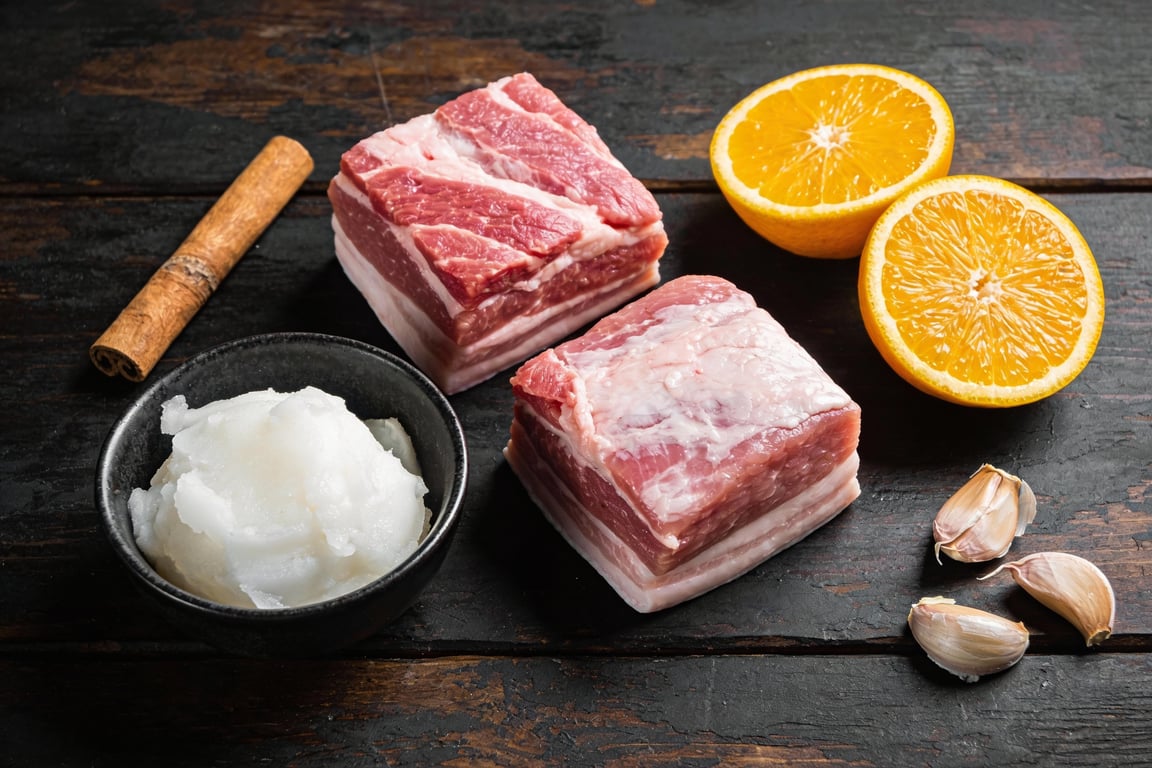 Traditional pork confit recipe - pork simmering in lard