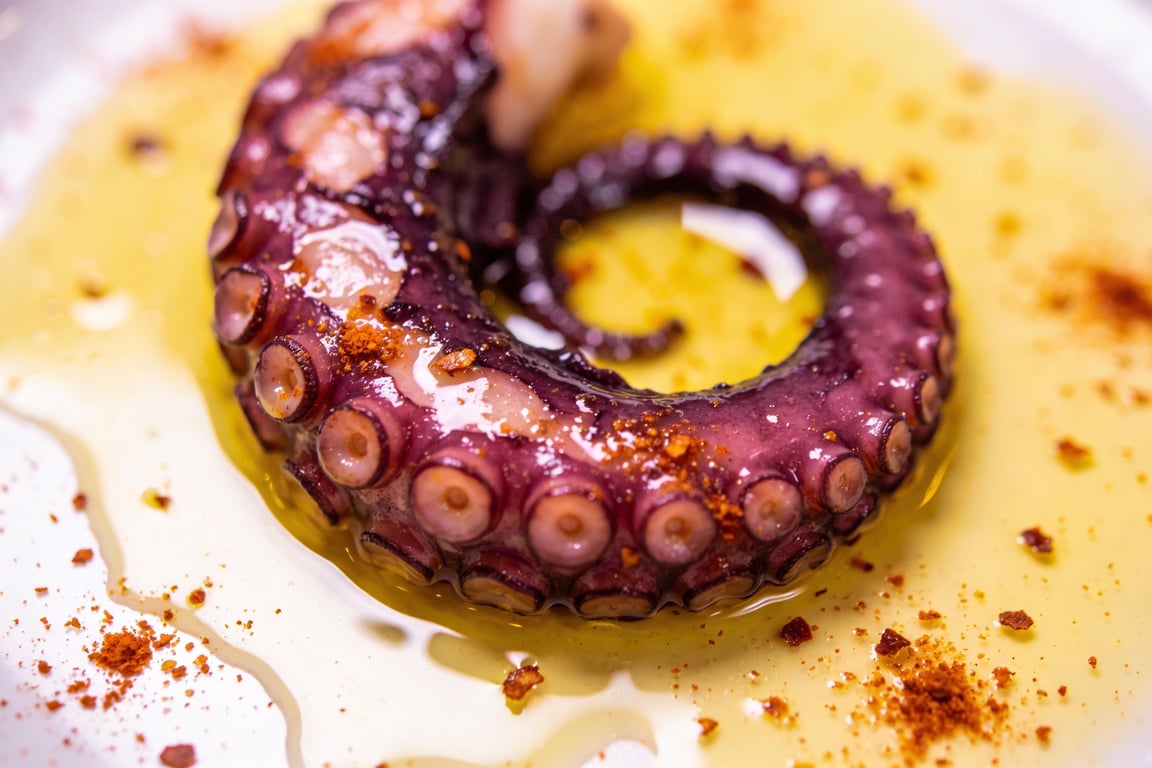 Authentic Pulpo a la Gallega served on a traditional wooden plate