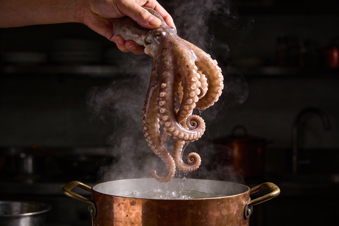 Boiling cachelos potatoes for a traditional Galician octopus recipe