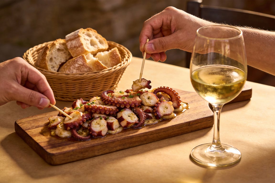 Finished Pulpo á Feira with smoky pimentón and olive oil