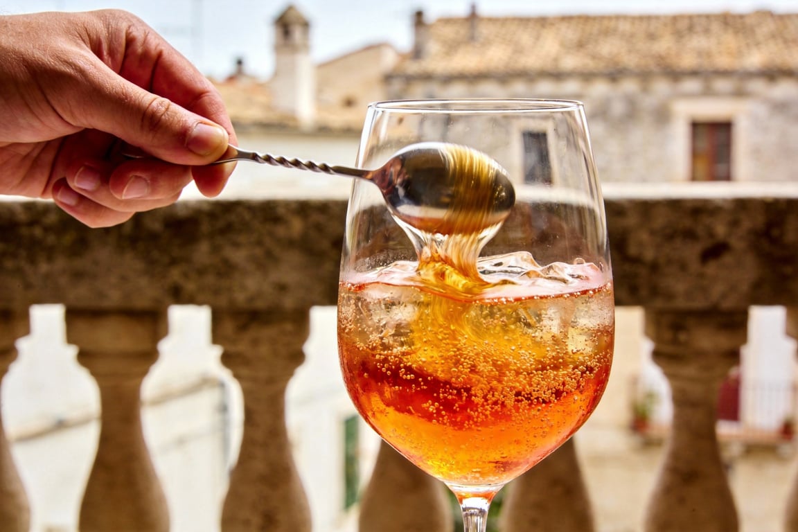Authentic Venetian spritz garnished with a green olive and orange