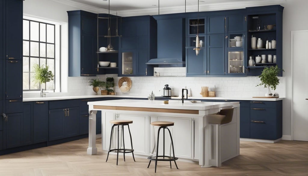 kitchen with navy blue lower cabinets and white upper cabinets