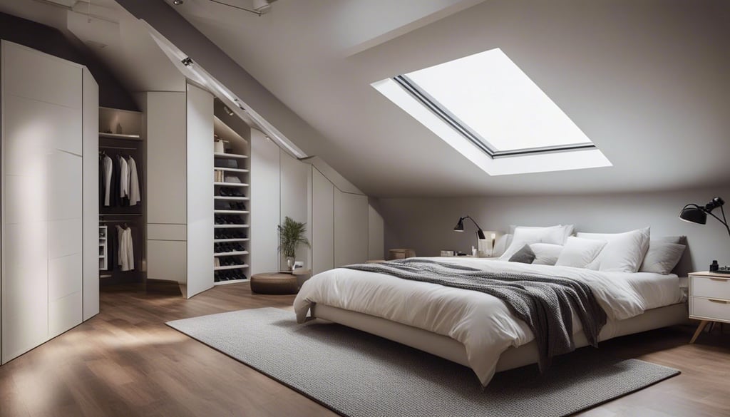 A modern attic bedroom with a white minimalist decor a large walk in closet and a private bathroom