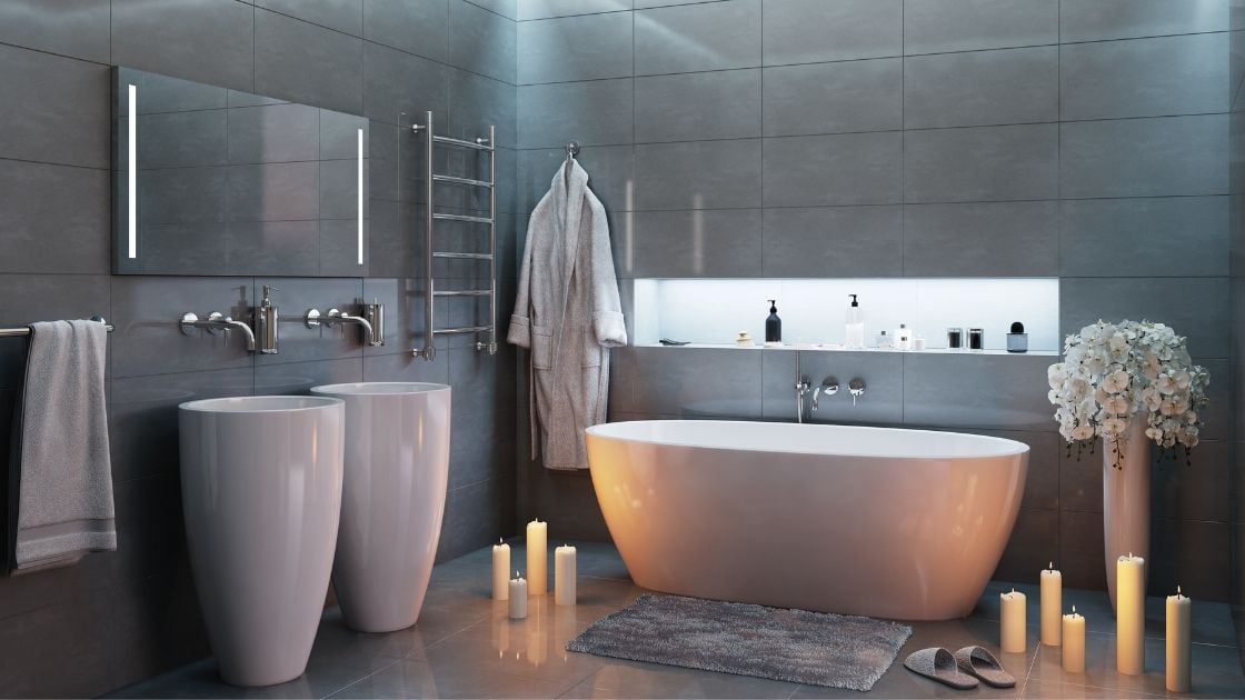 Gray wall with inbuilt shelves