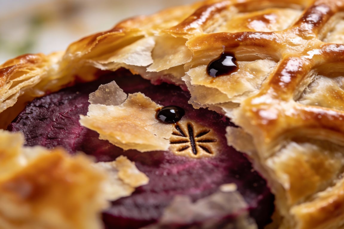 Balsamic Roasted Beet Wellington showing the golden pastry crust