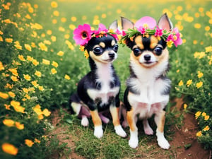 Chihuahua puppy wearing a flower crown sitting amidst a field of blooming flowers exuding pure innocence and beauty