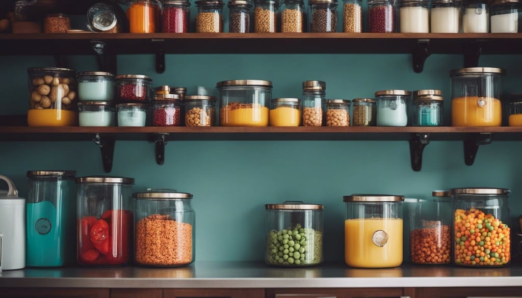 small kitchen with colorful organization canisters