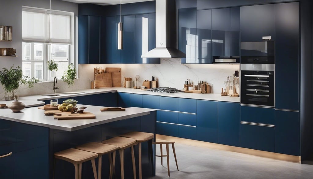 Modern kitchen with navy blue kitchen cabinets