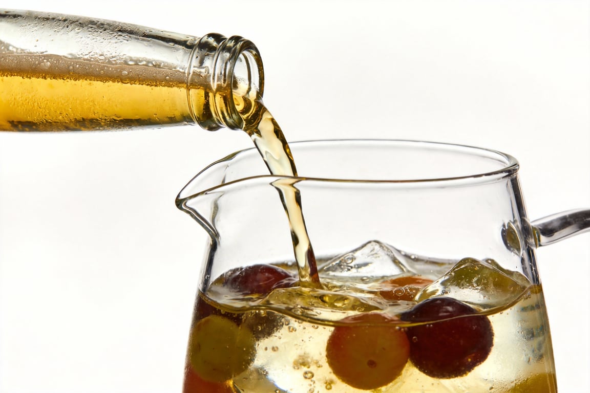 The final craft beer sangria recipe served in a wine glass with mint garnish