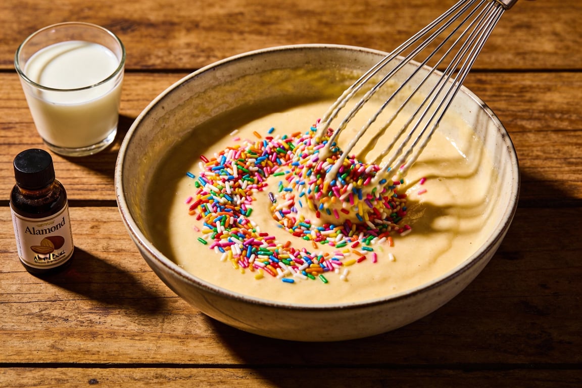 Close up of funfetti pancake batter with rainbow jimmies