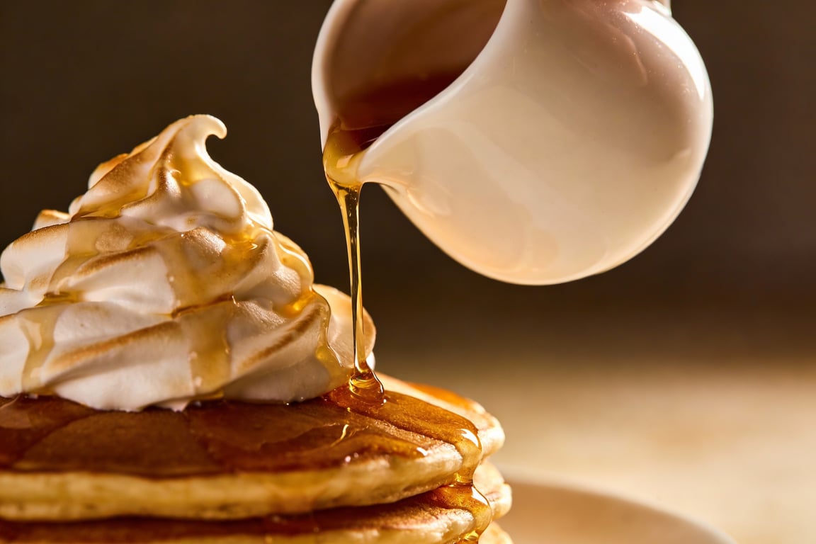 Pouring homemade marshmallow fluff syrup over a pancake stack