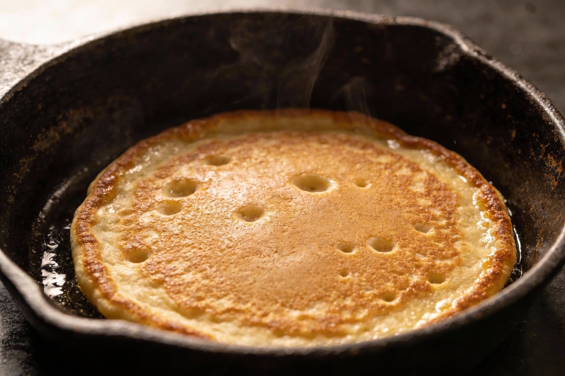 Close up of the crispy lace edge on a Southern buttermilk pancake