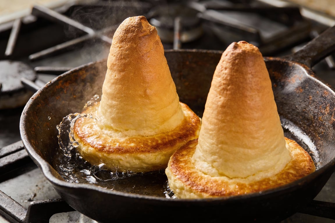 Cooking buttermilk soufflé pancakes in a cast iron skillet