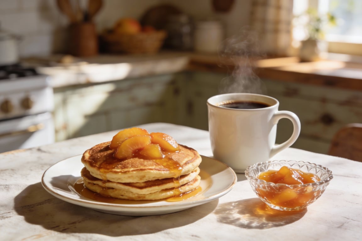 Finished buttermilk soufflé pancakes with bourbon peach compote topping