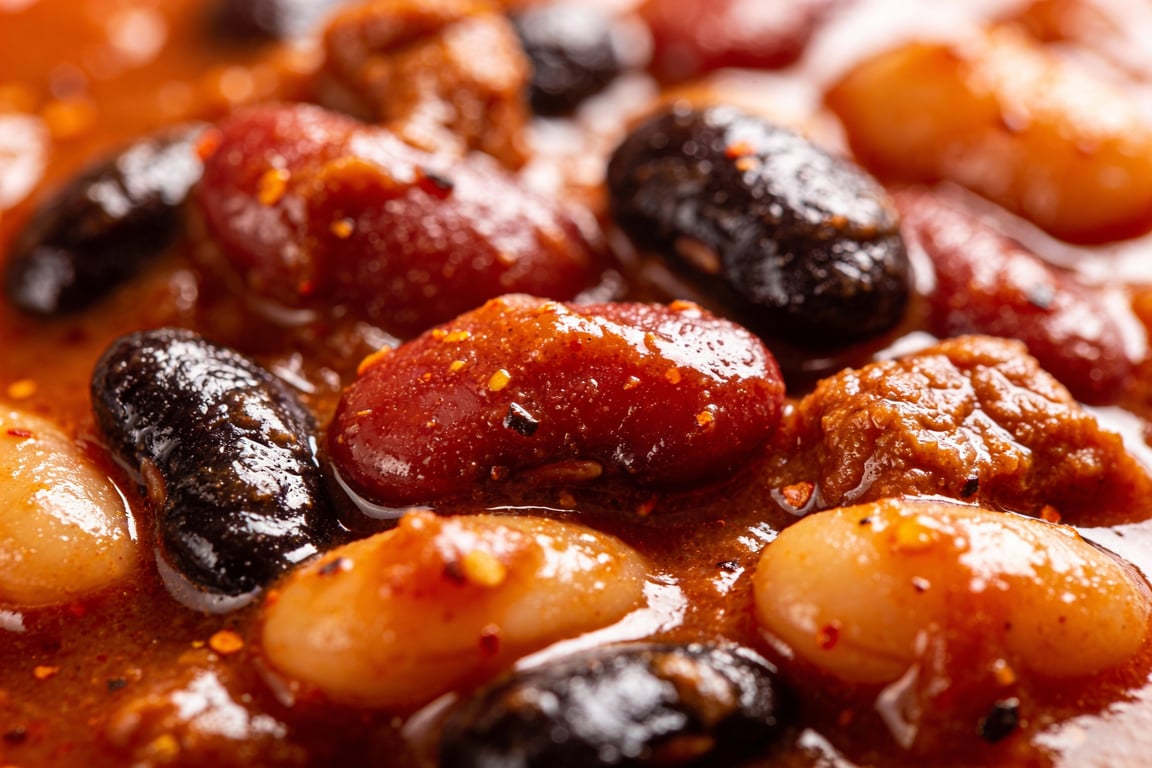 A large pot of budget slow cooker chili with kidney, black, and pinto beans