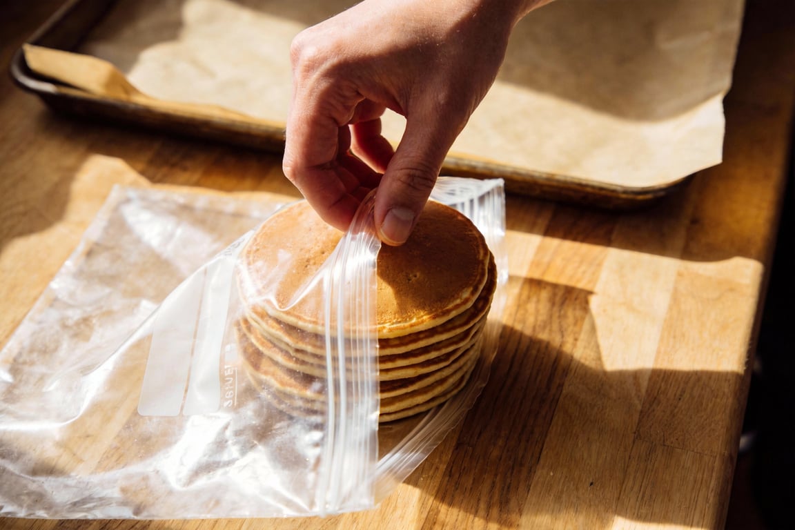 Stack of reheated freezer oatmeal pancakes ready to serve