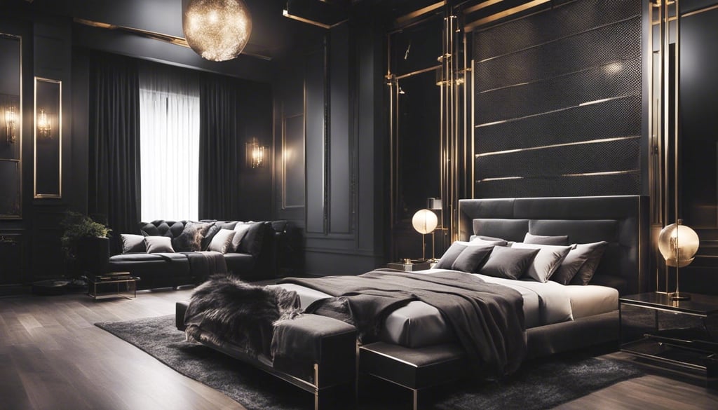 A black bedroom with metallic accents and finishes