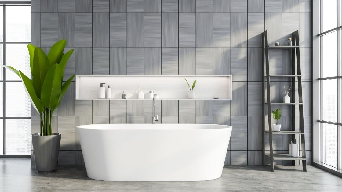 Gray tiles provide an understated feature wall