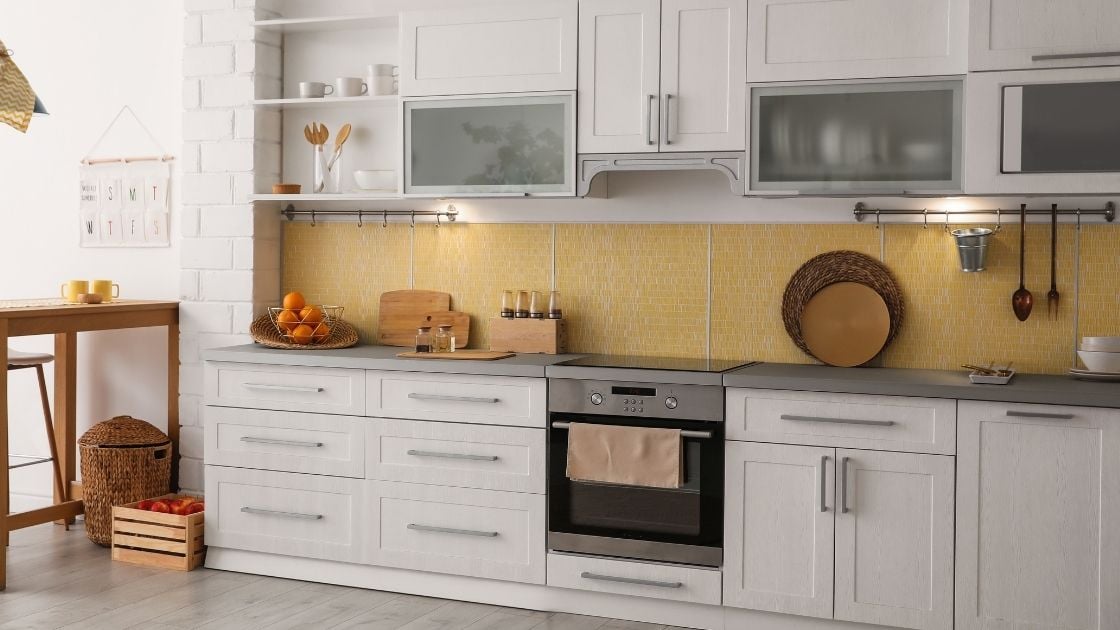 Yellow Tile Kitchen Backsplash White Cabinets