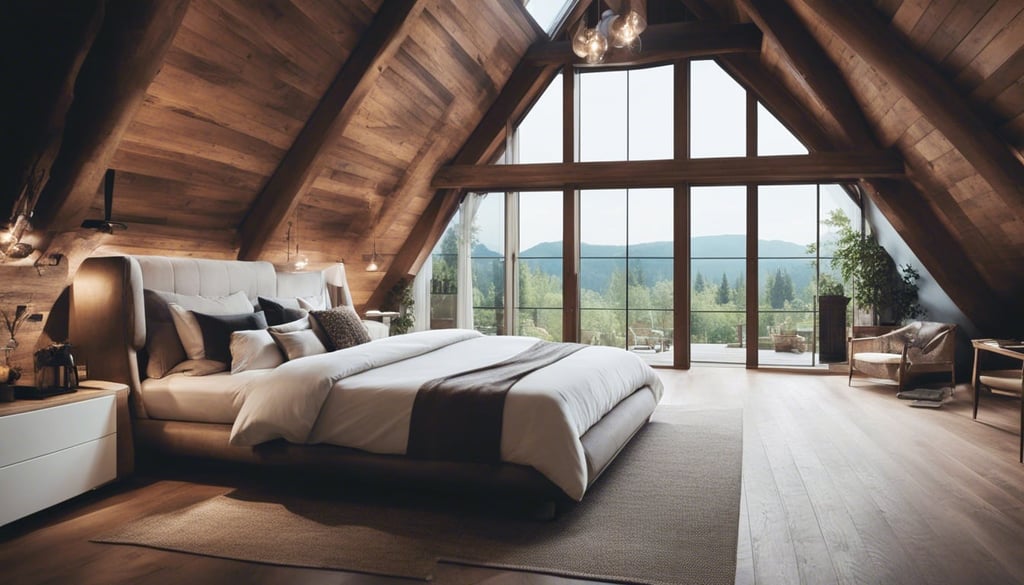A luxurious master bedroom in an attic with a high ceiling exposed beams and a large window