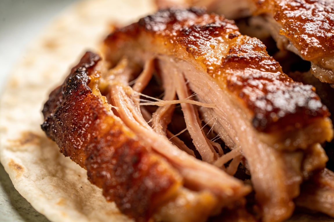 Authentic Carnitas Estilo Michoacán simmering in a traditional copper cazo