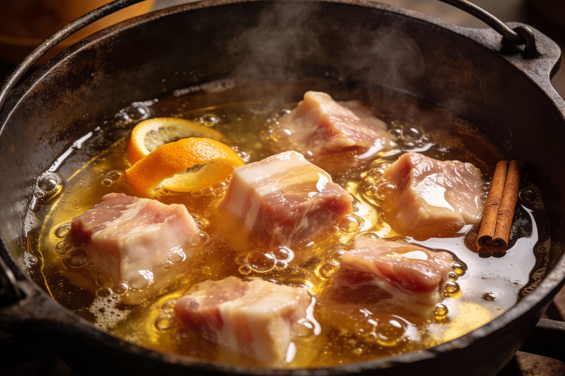 Traditional aromatics including Mexican canela and orange for pork confit