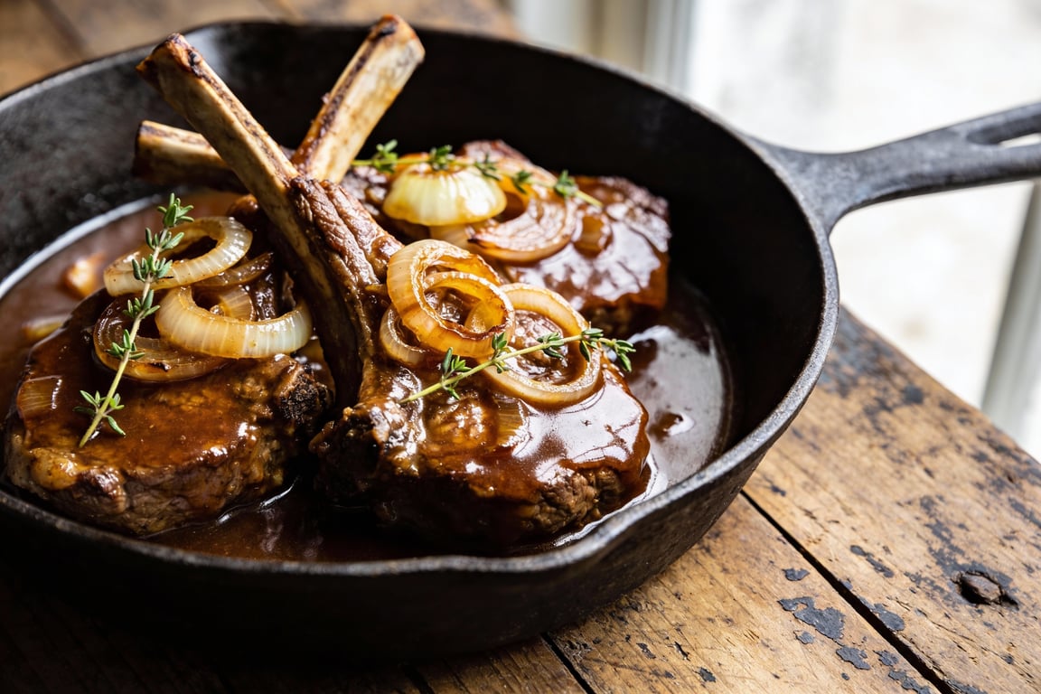 Mama Pearl's Cast Iron Veal Chops with Smothered Onions and Gravy in a skillet