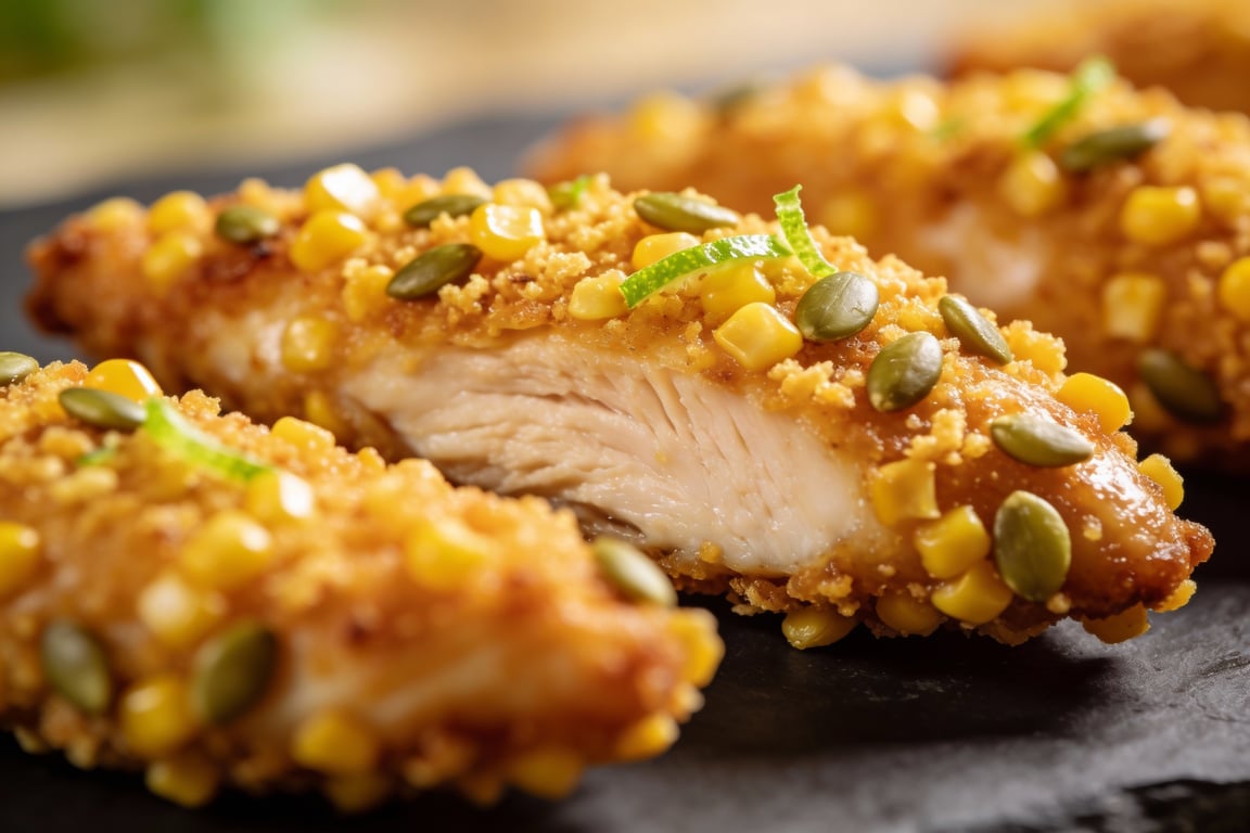 Golden-brown corn tortilla crusted chicken tenders with lime wedges
