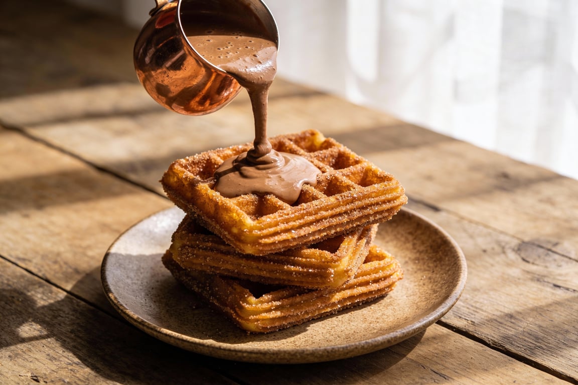 Churro Waffles with Abuela’s Spiced Mexican Chocolate Sauce