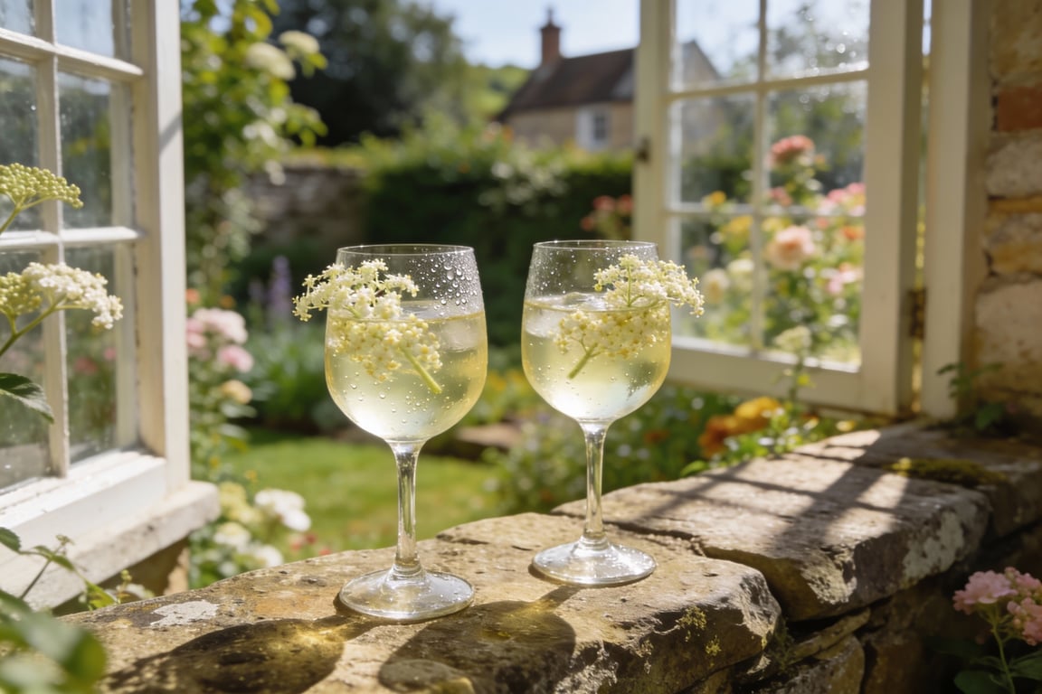 Pouring a refreshing elderflower and cucumber pressé into a glass