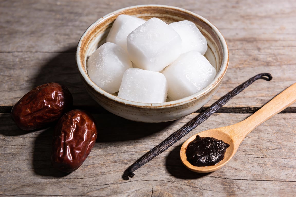 Ingredients for a clean label vanilla frappé including coconut milk and dates