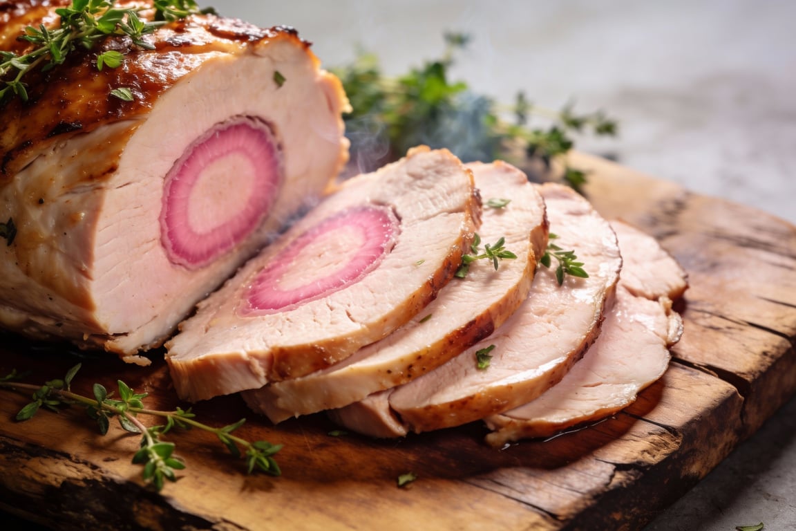 Final sliced smoked and roasted turkey showing juicy meat and perfect skin.